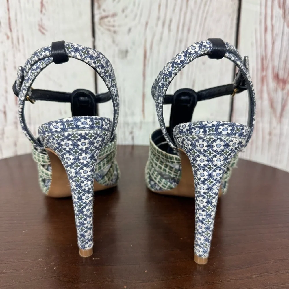Tory Burch Charlene 100mm Women's Blue Printed linen Sandals size 7.5 NIB
